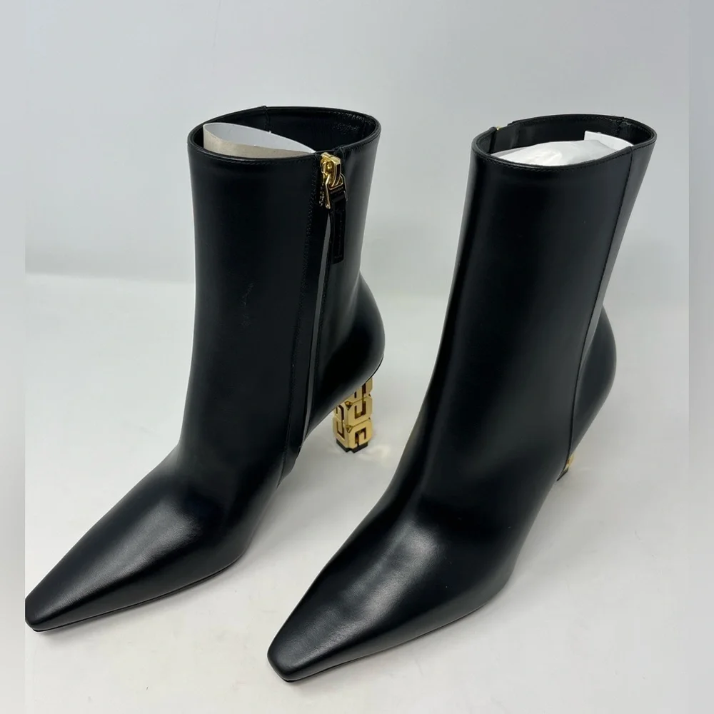 NIB Givenchy G Cube 85 Leather Ankle Boots Pointed Toe Black Gold Heel size 37.5